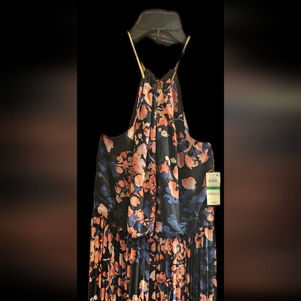 Thalia Sodi Black Jumpsuit with Navy & Orange Floral Print and Pleated Pants